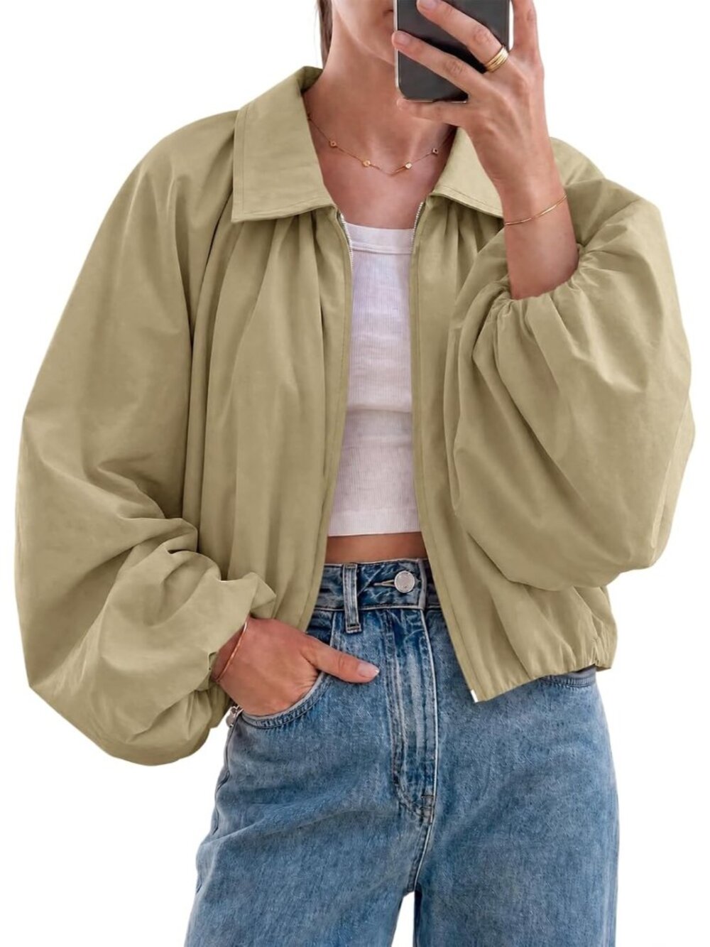 Women's Khaki Stylish Bomber Coat Fall Casual Zip Up Outerwear Cropped Jackets